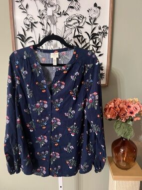 St. John’s Bay Navy Multicolor Floral Pattern Print Lightweight Button Down XXL